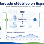 mercado eléctrico en España con generación eléctrica, OMIE, Red Eléctrica, OMIP, hogares, empresas y factura de la luz