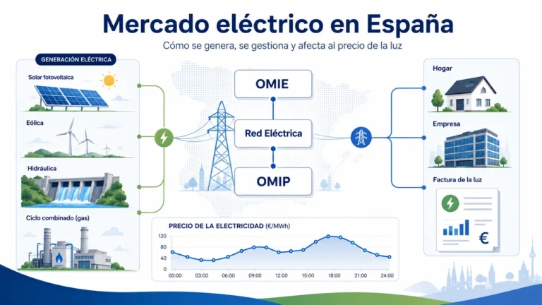 mercado eléctrico en España con generación eléctrica, OMIE, Red Eléctrica, OMIP, hogares, empresas y factura de la luz